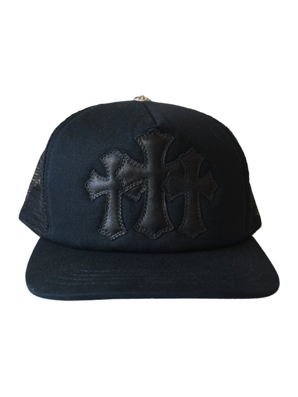 Black Trucker Hat with Triple Leather Cross Patch